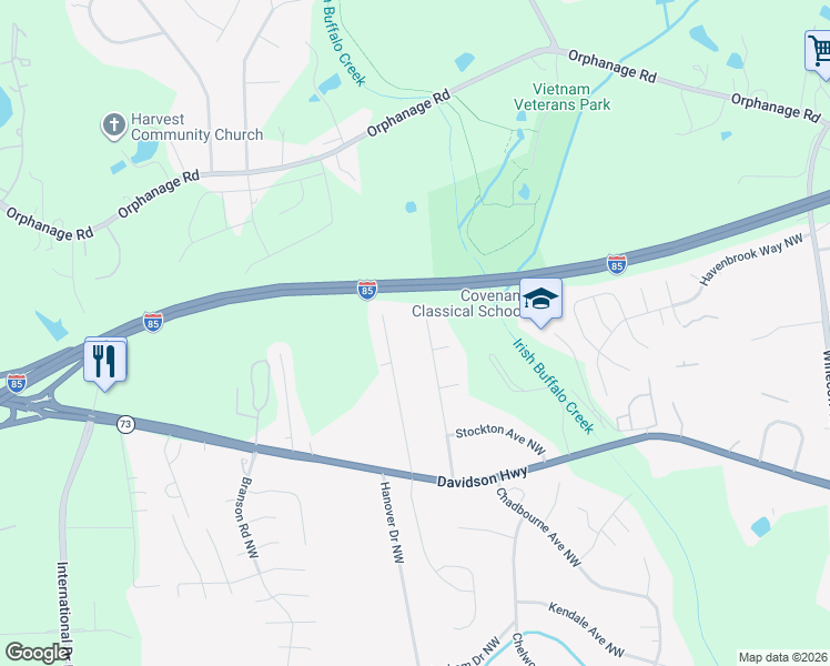 map of restaurants, bars, coffee shops, grocery stores, and more near 1601 Dennbriar Drive Northwest in Concord