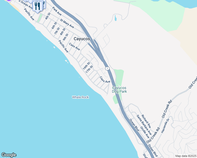 map of restaurants, bars, coffee shops, grocery stores, and more near 46 20th Street in Cayucos