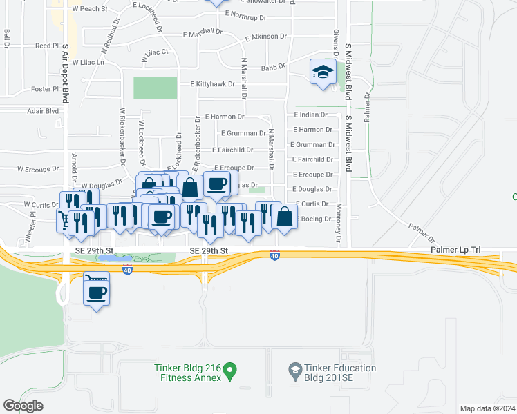 map of restaurants, bars, coffee shops, grocery stores, and more near 7401 Southeast 29th Street in Midwest City