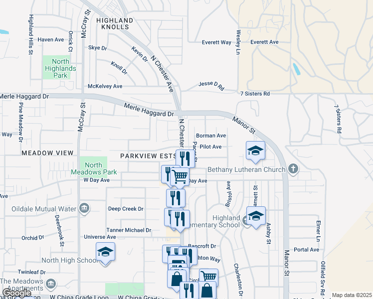map of restaurants, bars, coffee shops, grocery stores, and more near 125 Pilot Avenue in Bakersfield