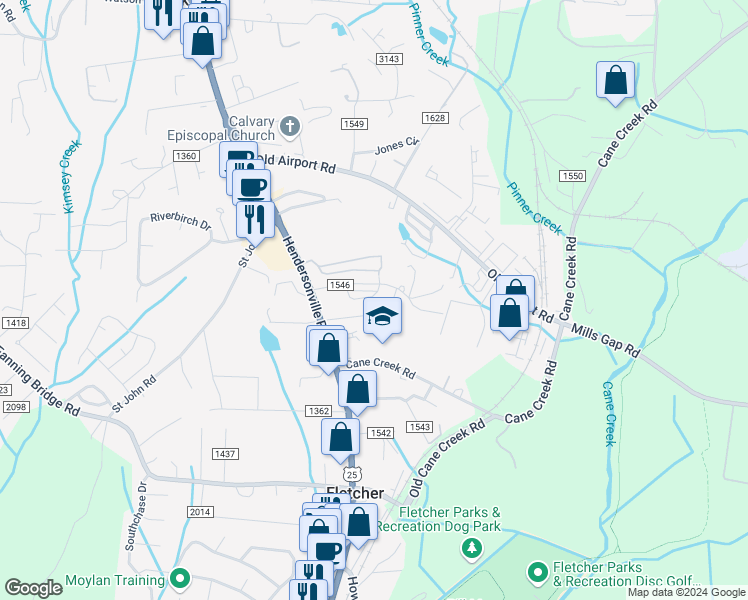 map of restaurants, bars, coffee shops, grocery stores, and more near 96 Old Salem Court in Fletcher