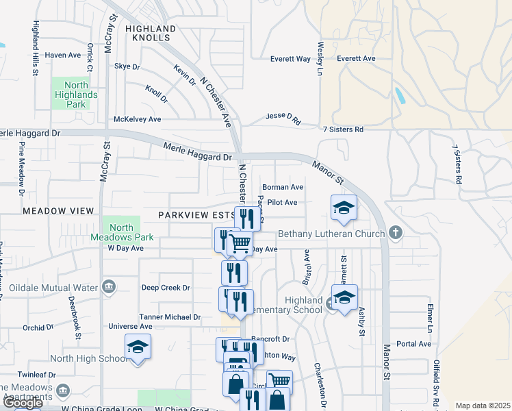 map of restaurants, bars, coffee shops, grocery stores, and more near 125 Pilot Avenue in Bakersfield