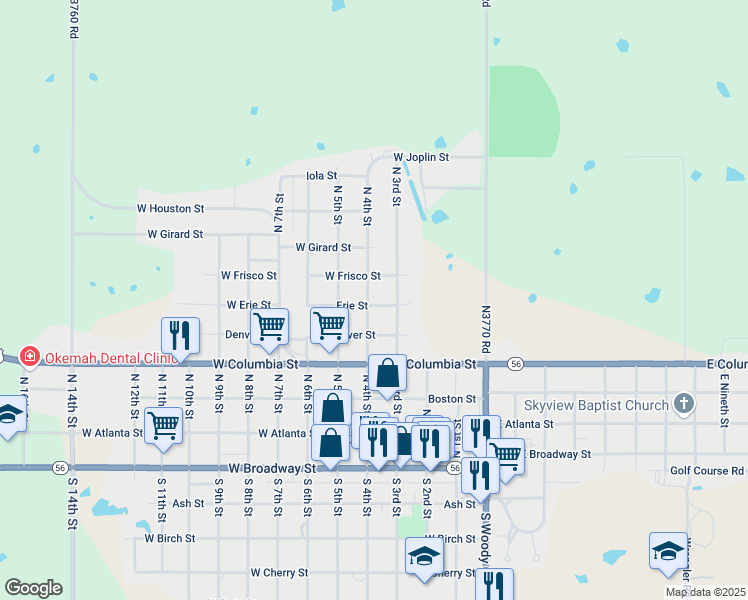 map of restaurants, bars, coffee shops, grocery stores, and more near 602 North 4th Street in Okemah