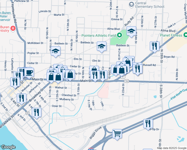 map of restaurants, bars, coffee shops, grocery stores, and more near 1724 Cherry Street in Van Buren