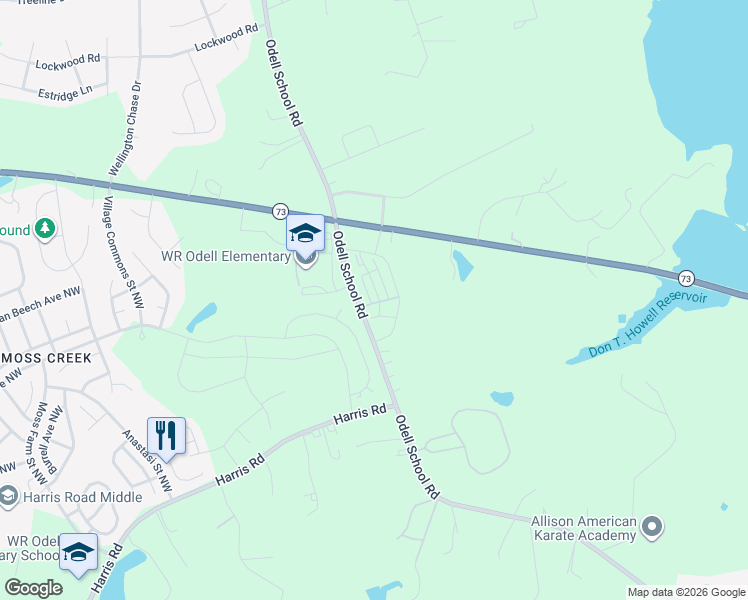 map of restaurants, bars, coffee shops, grocery stores, and more near 1760 Odell School Road in Concord