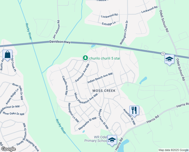 map of restaurants, bars, coffee shops, grocery stores, and more near 9630 Ravenscroft Lane Northwest in Concord