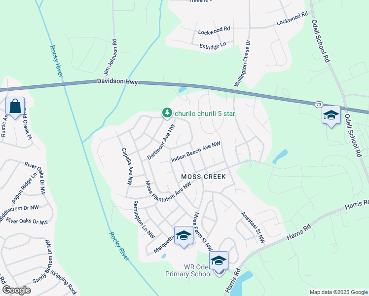 map of restaurants, bars, coffee shops, grocery stores, and more near 9630 Ravenscroft Lane Northwest in Concord