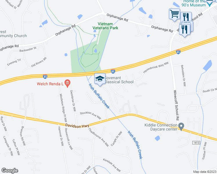 map of restaurants, bars, coffee shops, grocery stores, and more near 1546 Kindred Circle Northwest in Concord
