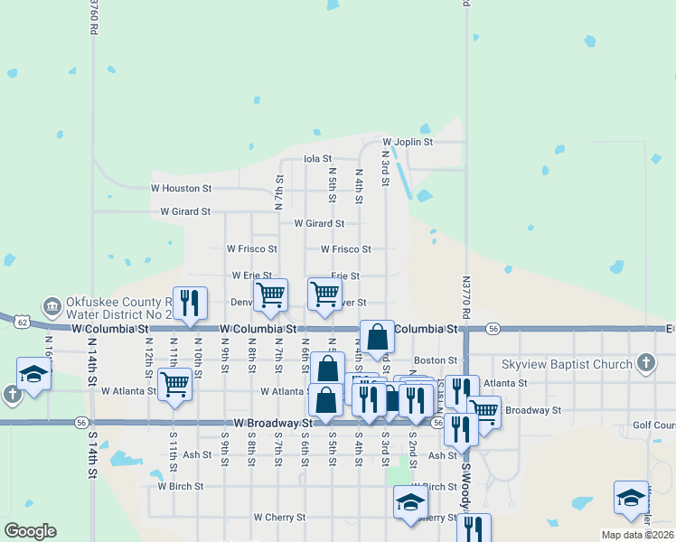 map of restaurants, bars, coffee shops, grocery stores, and more near 602 North 5th Street in Okemah