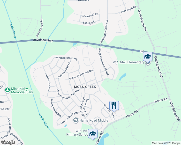 map of restaurants, bars, coffee shops, grocery stores, and more near 9539 Indian Beech Avenue Northwest in Concord