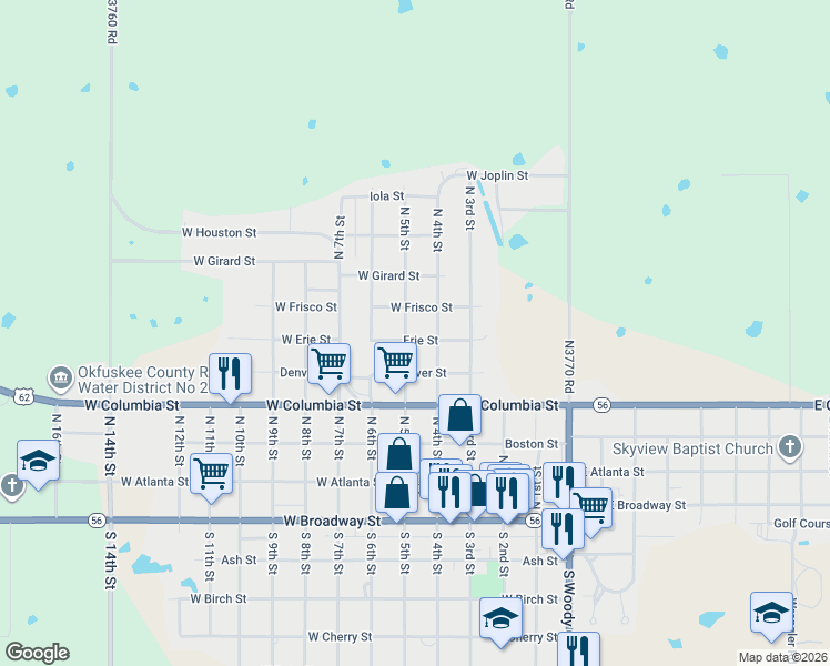 map of restaurants, bars, coffee shops, grocery stores, and more near 602 North 5th Street in Okemah