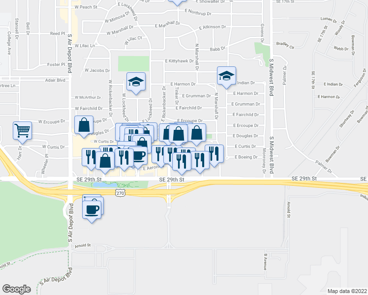 map of restaurants, bars, coffee shops, grocery stores, and more near 7305 Southeast 29th Street in Midwest City