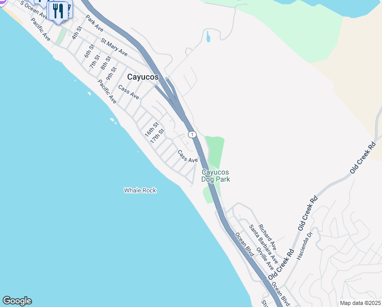 map of restaurants, bars, coffee shops, grocery stores, and more near 2190 Circle Drive in Cayucos