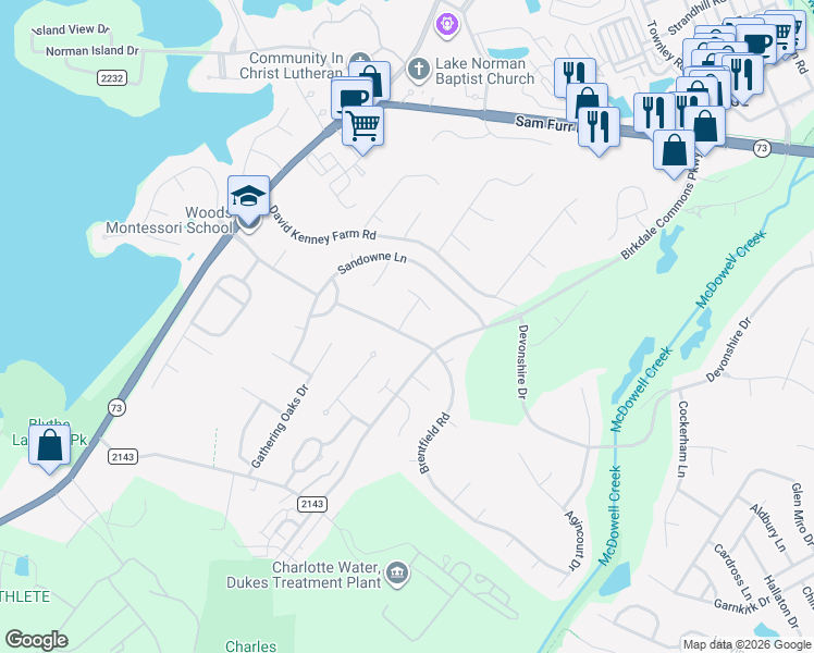 map of restaurants, bars, coffee shops, grocery stores, and more near 15806 Kinlocke Drive in Huntersville