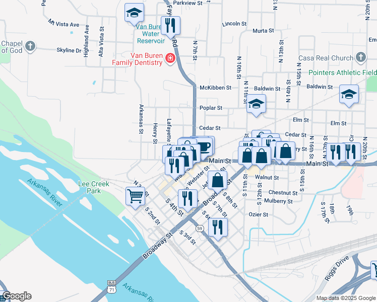 map of restaurants, bars, coffee shops, grocery stores, and more near 15 Fayetteville Road in Van Buren
