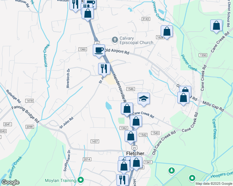 map of restaurants, bars, coffee shops, grocery stores, and more near 136 Overton Place in Fletcher