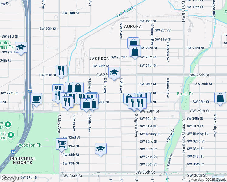 map of restaurants, bars, coffee shops, grocery stores, and more near 2537 Southwest 27th Street in Oklahoma City