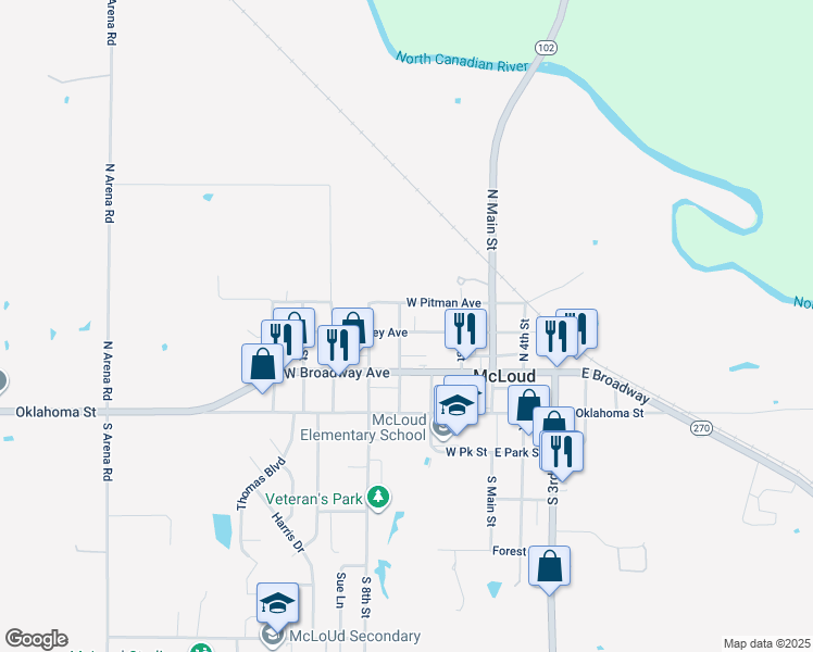 map of restaurants, bars, coffee shops, grocery stores, and more near 204 North 7th Street in McLoud