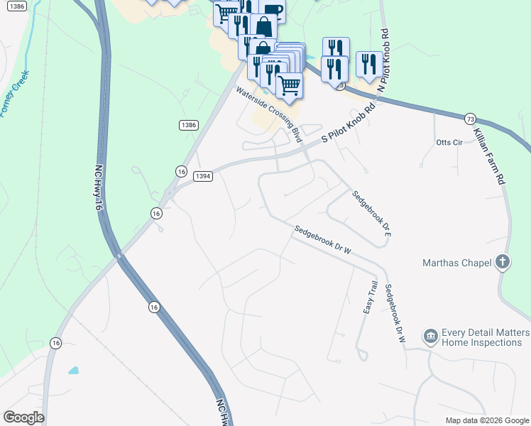 map of restaurants, bars, coffee shops, grocery stores, and more near 7418 Gate Key Court in Stanley