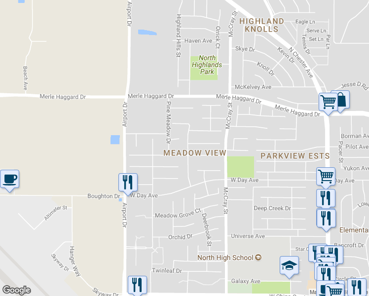 map of restaurants, bars, coffee shops, grocery stores, and more near 3437 Floral Meadow Drive in Bakersfield