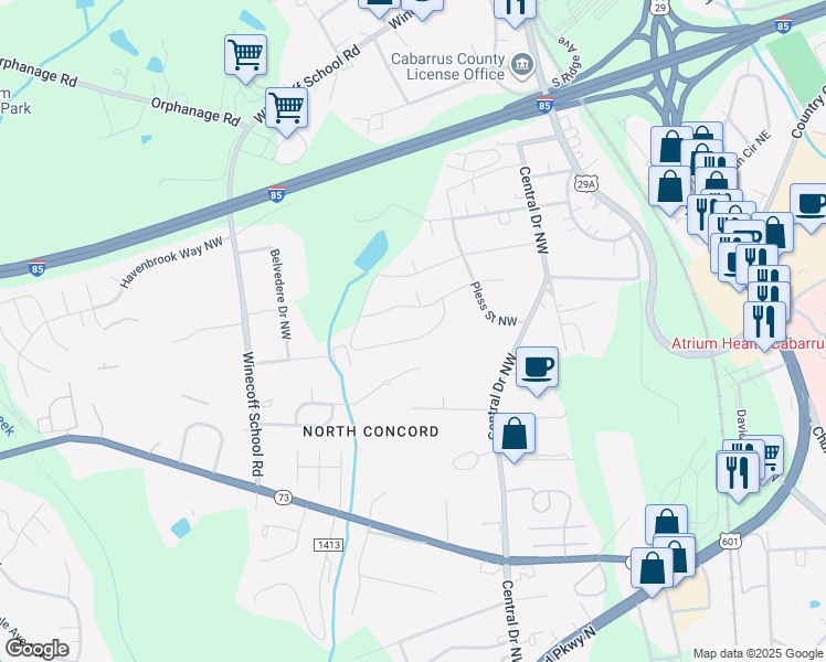 map of restaurants, bars, coffee shops, grocery stores, and more near 375 Southcircle Drive Northwest in Concord