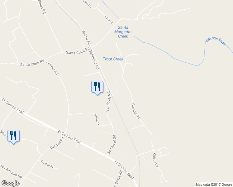 map of restaurants, bars, coffee shops, grocery stores, and more near 14325 Salinas Road in Atascadero