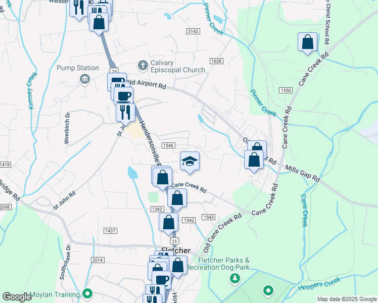 map of restaurants, bars, coffee shops, grocery stores, and more near 108 Old Salem Court in Fletcher