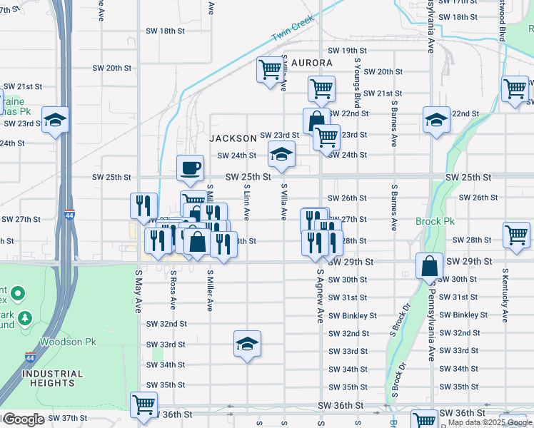 map of restaurants, bars, coffee shops, grocery stores, and more near 2537 Southwest 27th Street in Oklahoma City