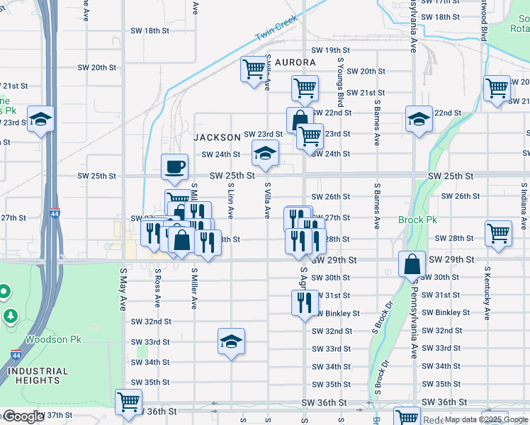 map of restaurants, bars, coffee shops, grocery stores, and more near 2501 Southwest 27th Street in Oklahoma City