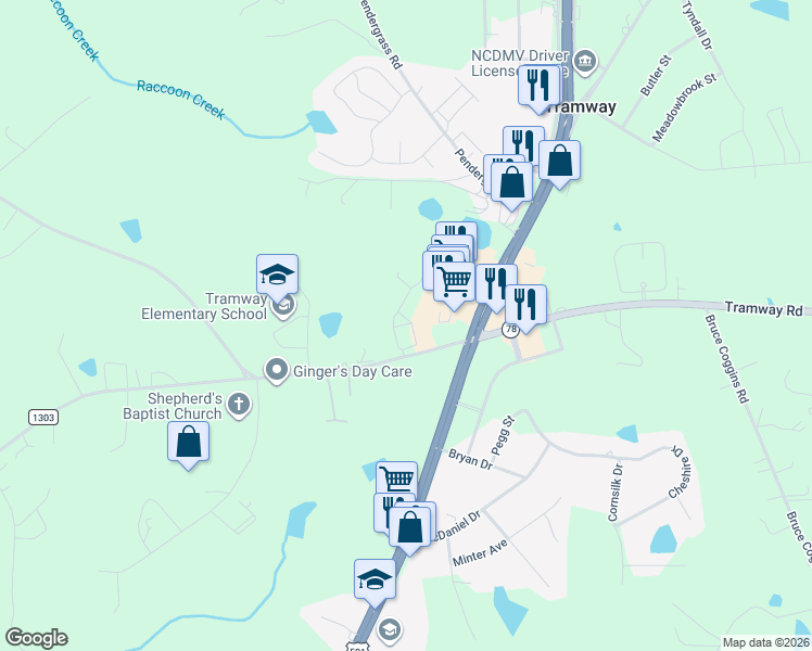 map of restaurants, bars, coffee shops, grocery stores, and more near Center Church Road in Sanford