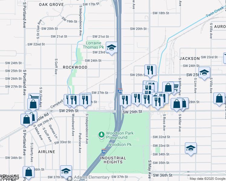 map of restaurants, bars, coffee shops, grocery stores, and more near 2717 South Grand Boulevard in Oklahoma City