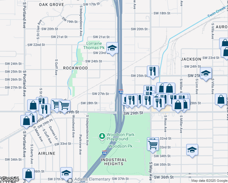 map of restaurants, bars, coffee shops, grocery stores, and more near 2717 South Grand Boulevard in Oklahoma City