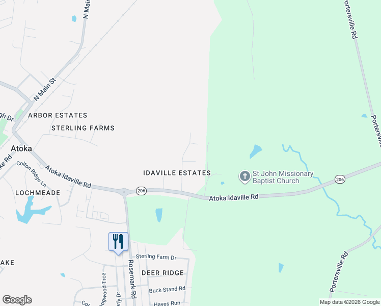 map of restaurants, bars, coffee shops, grocery stores, and more near 188 Mignon Rd in Atoka