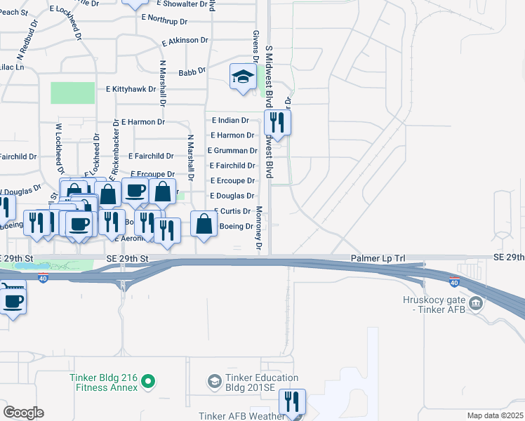 map of restaurants, bars, coffee shops, grocery stores, and more near 300 Monroney Drive in Midwest City