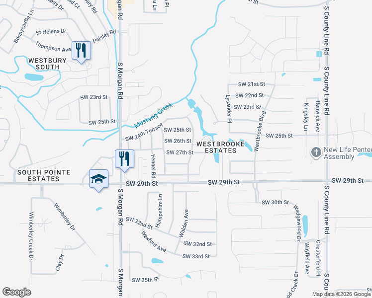 map of restaurants, bars, coffee shops, grocery stores, and more near 2708 Fountain Grass Road in Oklahoma City