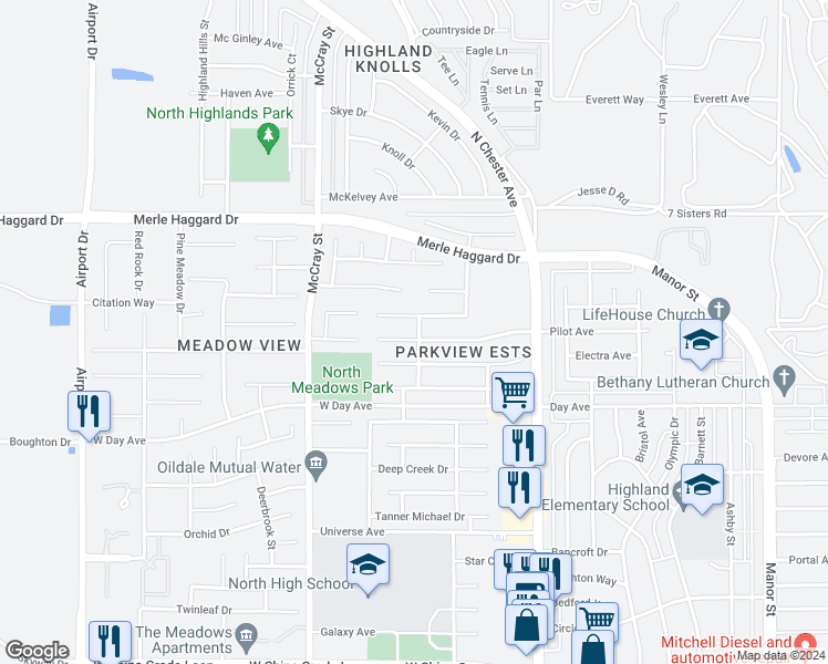 map of restaurants, bars, coffee shops, grocery stores, and more near 300 West Pilot Avenue in Bakersfield