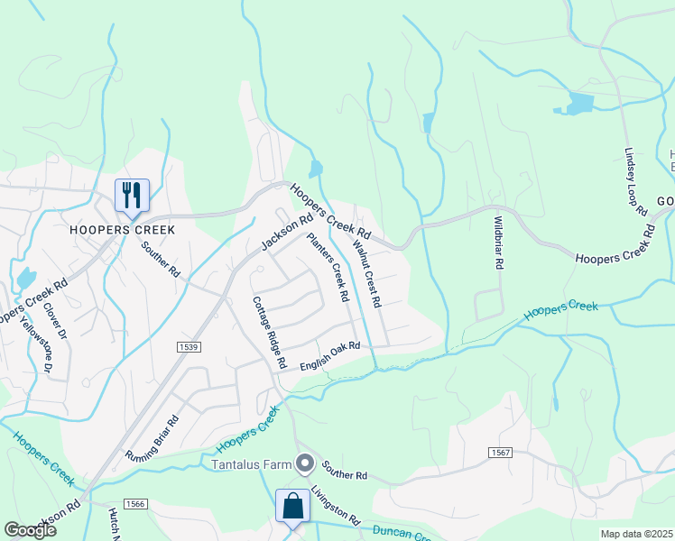 map of restaurants, bars, coffee shops, grocery stores, and more near 249 Planters Creek Road in Fletcher
