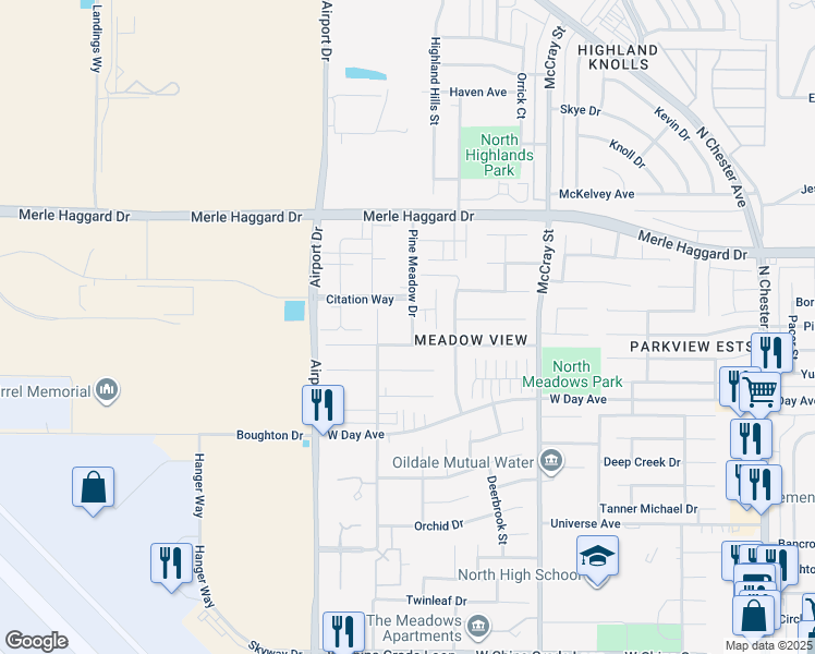 map of restaurants, bars, coffee shops, grocery stores, and more near 3501A Pine Meadow Drive in Bakersfield