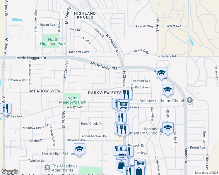 map of restaurants, bars, coffee shops, grocery stores, and more near 140 West Pilot Avenue in Bakersfield