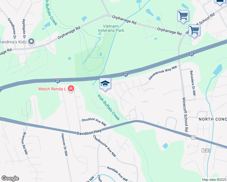 map of restaurants, bars, coffee shops, grocery stores, and more near 1542 Kindred Circle Northwest in Concord