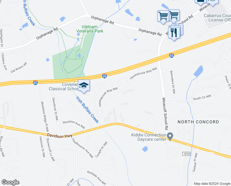 map of restaurants, bars, coffee shops, grocery stores, and more near 1356 Sinai Place Northwest in Concord