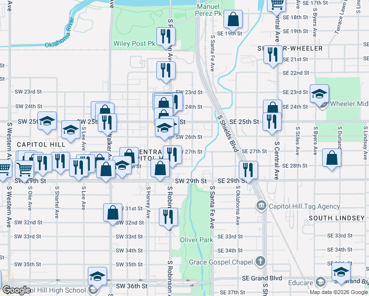 map of restaurants, bars, coffee shops, grocery stores, and more near 115 Southwest 27th Street in Oklahoma City