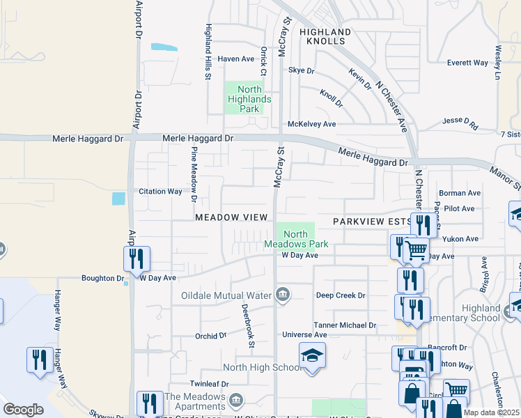 map of restaurants, bars, coffee shops, grocery stores, and more near 523 Meadow Rise Court in Bakersfield