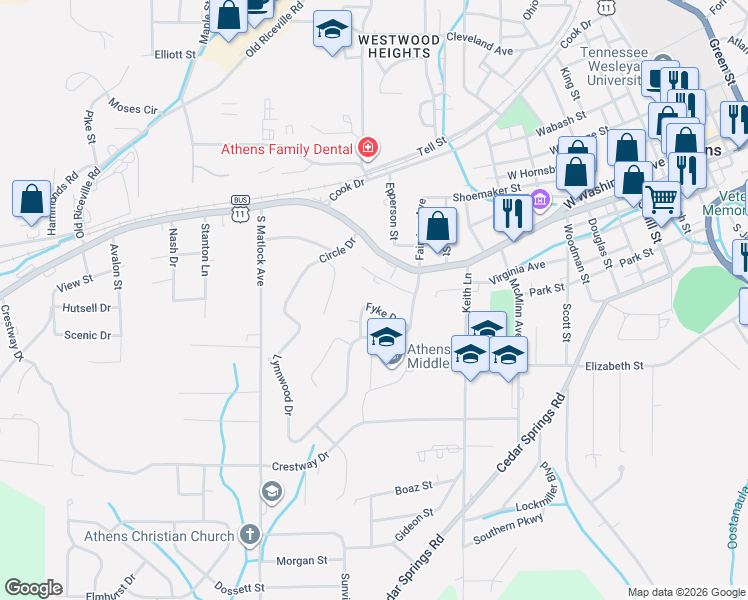 map of restaurants, bars, coffee shops, grocery stores, and more near 237 Fyke Drive in Athens