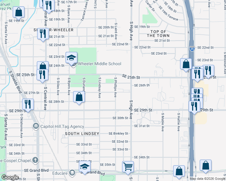 map of restaurants, bars, coffee shops, grocery stores, and more near 741 Southeast 27th Street in Oklahoma City