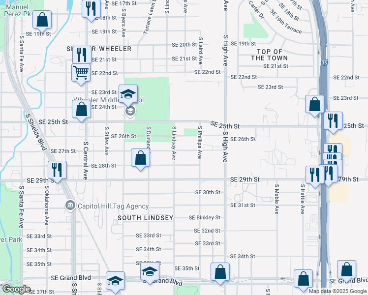 map of restaurants, bars, coffee shops, grocery stores, and more near 717 Southeast 27th Street in Oklahoma City
