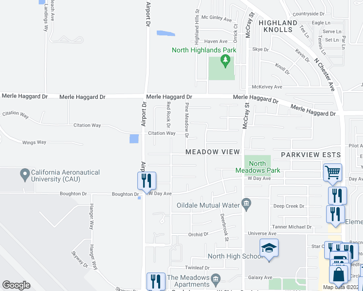 map of restaurants, bars, coffee shops, grocery stores, and more near 3501A Pine Meadow Drive in Bakersfield