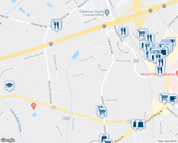 map of restaurants, bars, coffee shops, grocery stores, and more near 400 Southcircle Drive Northwest in Concord