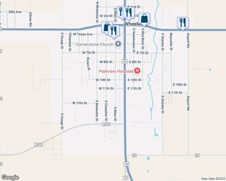 map of restaurants, bars, coffee shops, grocery stores, and more near 1100 South Main Street in Wheeler