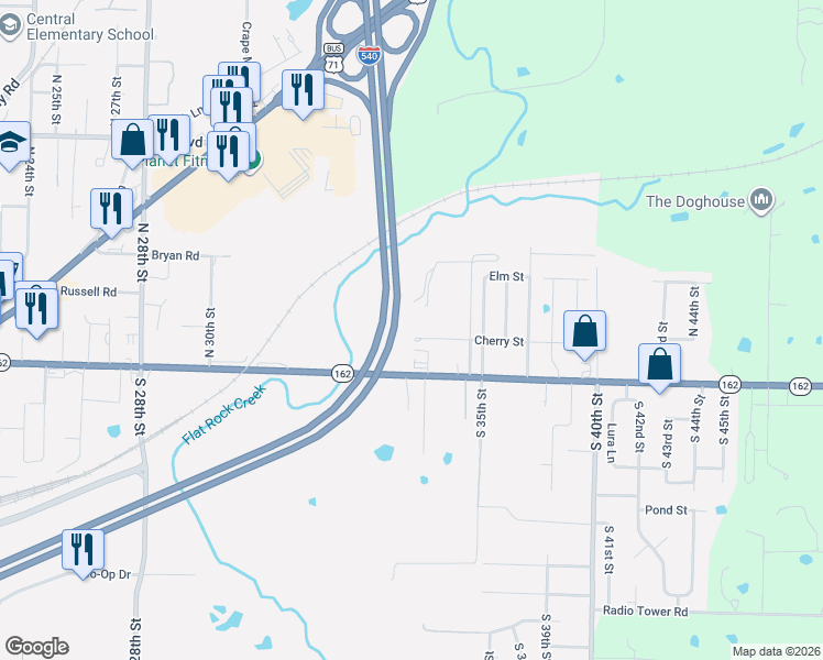 map of restaurants, bars, coffee shops, grocery stores, and more near 3400 Cherry Street in Van Buren